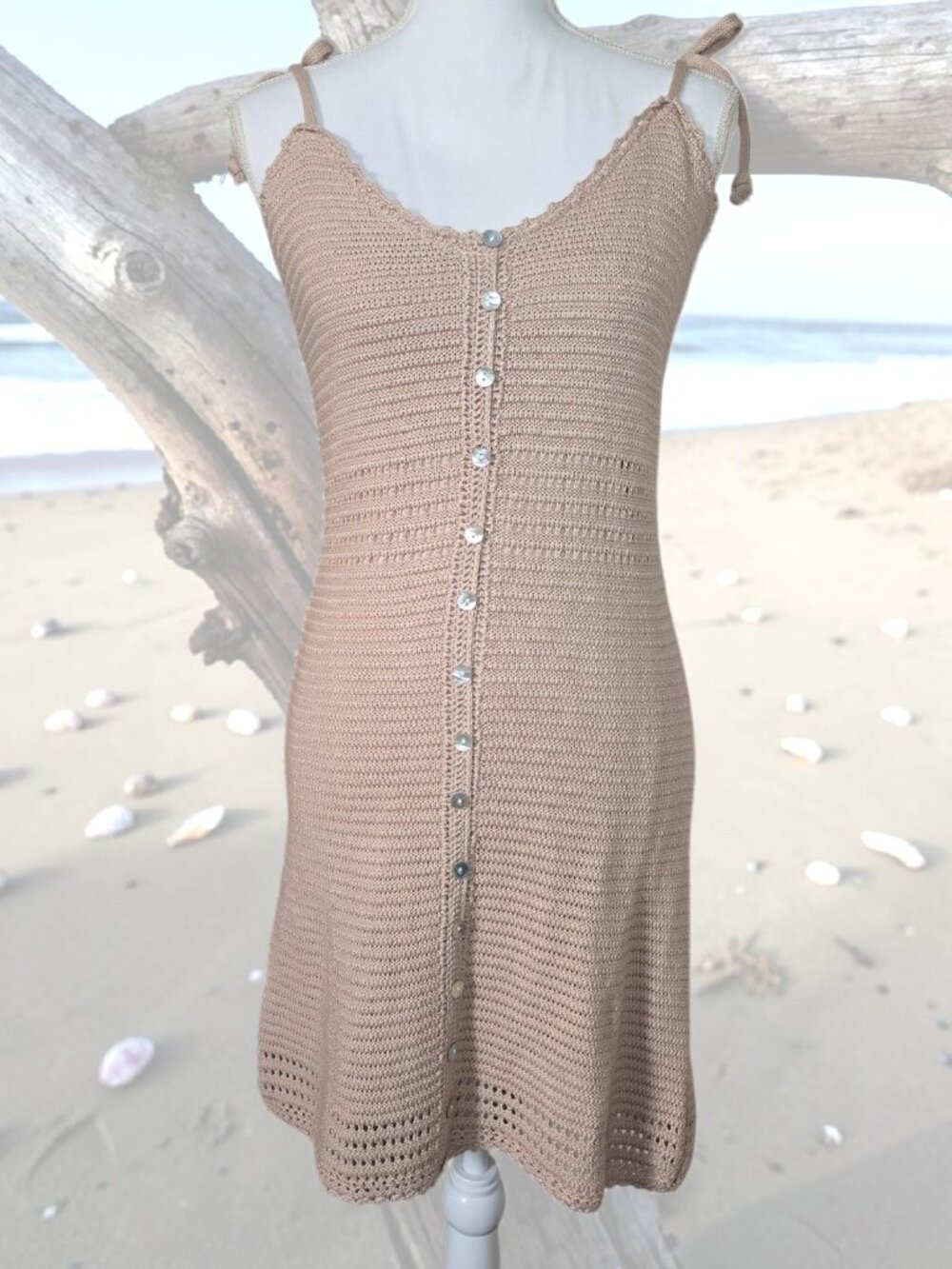 Crochet Knit Medium Dress MOP Button Front Beige Coastal Tie Strap Bow Resort